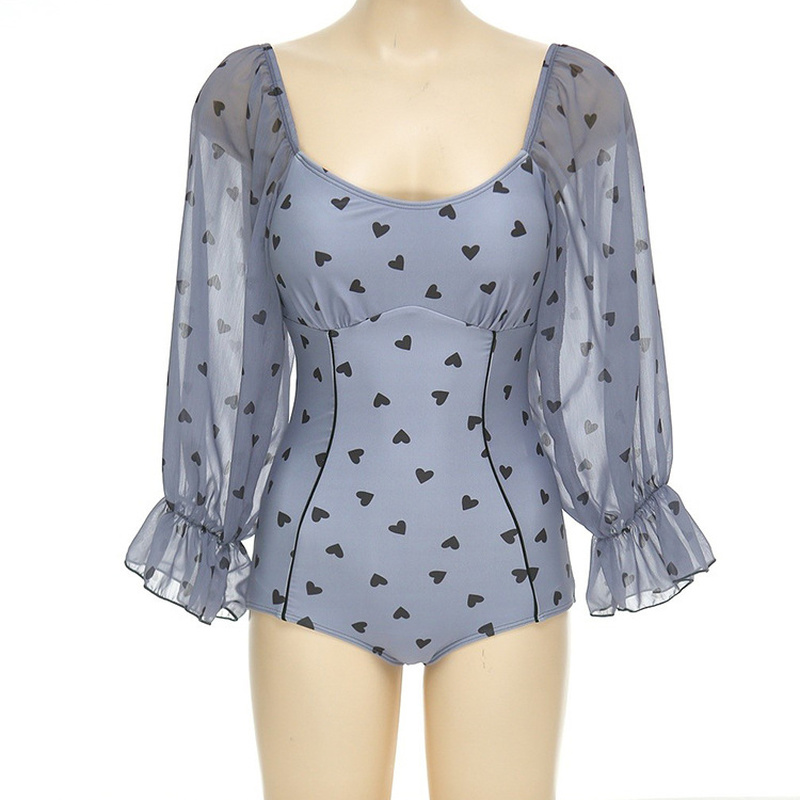 Womens Girl Swimsuit Swimwear Puff Sleeve Heart Polka Dots One 
