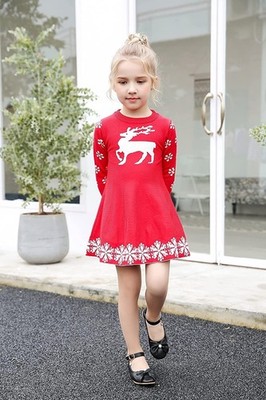 SMILING PINKER Mädchen Weihnachtskleider warm Rentier rot 4-5 Jahre