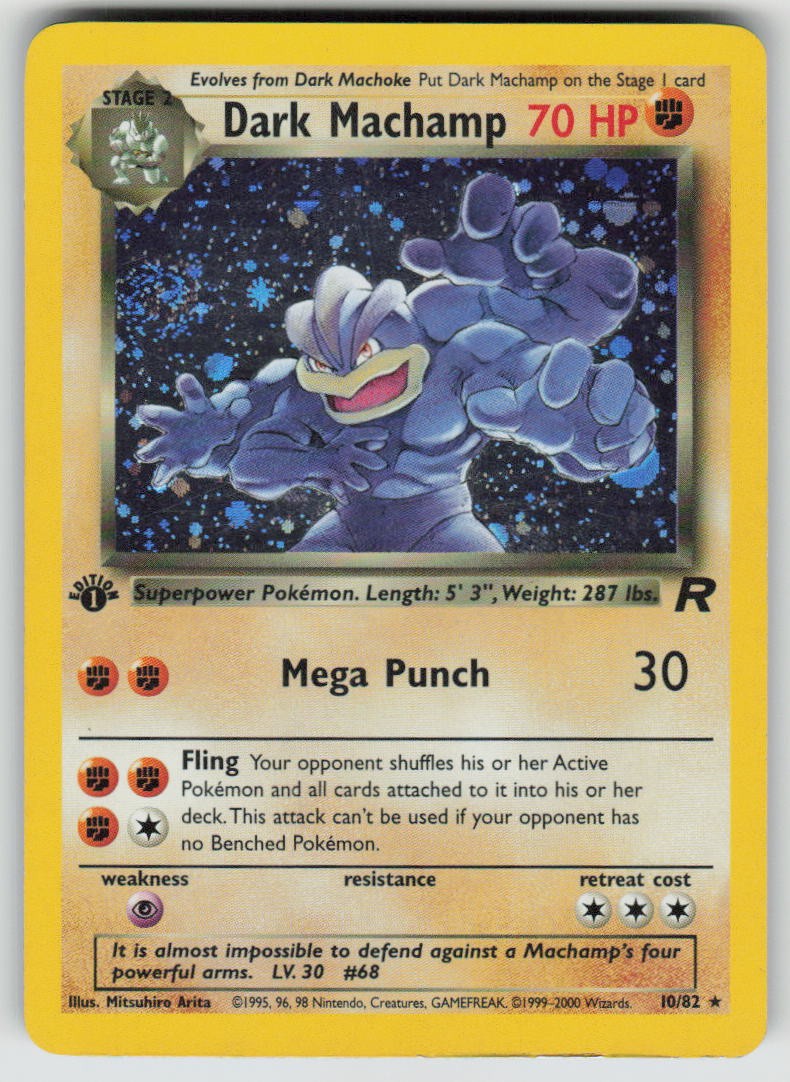 SWIRL Dark Machamp 1st Ed Holo 10/82 Team Rocket Pokemon MP (small crease)
