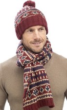Tom Franks Men's Knitted Warm Winter Bobble Hat and Scarf One Size Red 