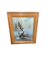 Signed Gary Fenske Ducks on Pond Painting On Canvas; framed.