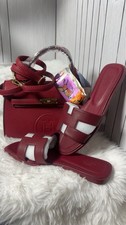 Women s Logo Slide Sandals Slip-On Flat Burgundy Solid Strappy Casual