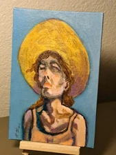 Blue Yellow acrylic & ink "She Knows to Much" on 4x6 canvas 1/1 Limited Signed