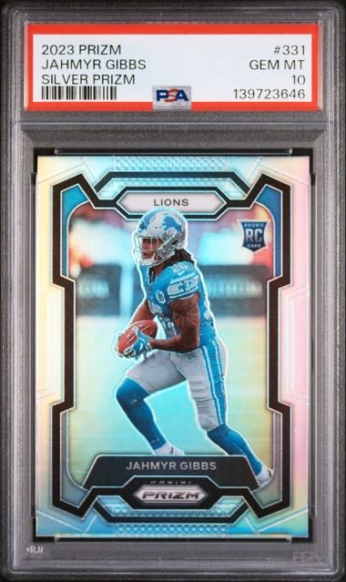 PSA 10 GEM MINT 2023 PANINI PRIZM SILVER JAHMYR GIBBS RC #331 - DETROIT LIONS