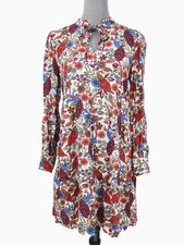 Loft Dress Womens Small White Burgundy Floral Tie Neck Rayon Peacocks Whimsy