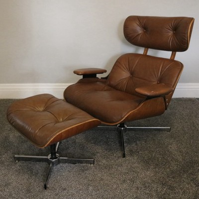 Vintage Northfield Metal Products Brown Oak Eames Style Lounge Chair & Ottoman