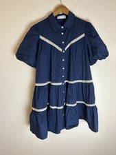 Boutique L Julie Dress Tiered Cottagecore Navy Mini Peplum Babydoll Lace Trim 