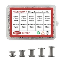 180 Sets Silver Chicago Screws Assorted Kit, 5 Sizes of Round Flat Head Leath...
