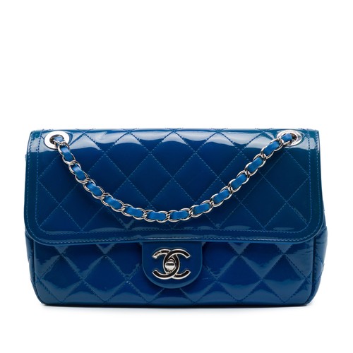 Chanel Medium Quilted Patent Coco Shine Flap Pre-Loved Shoulder Bag Blue