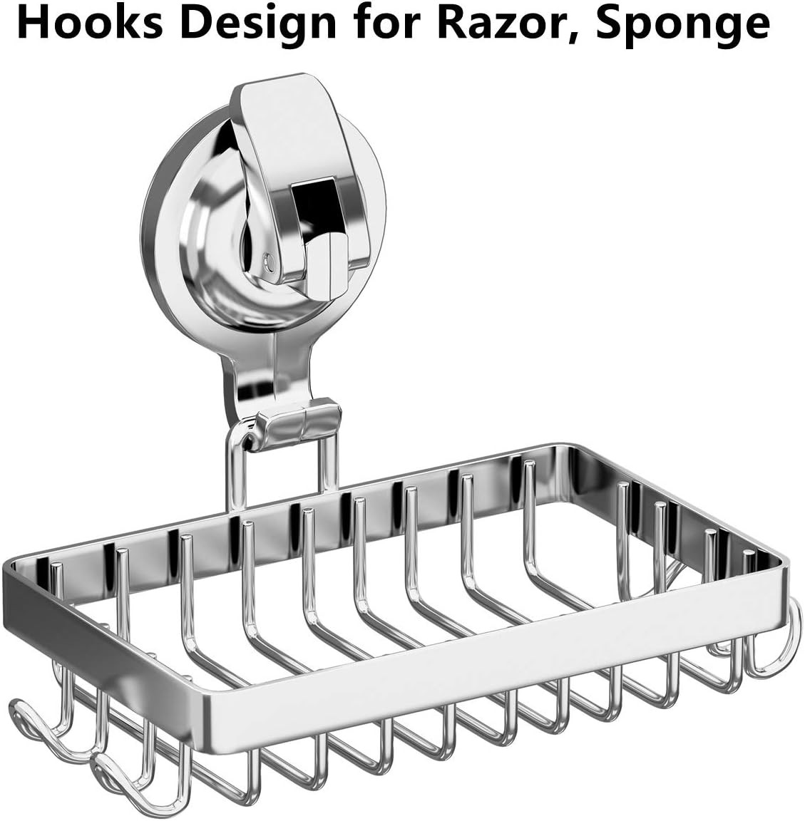 Soap Holder Shower, Suction Cup Dish for Shower with 4 Hooks, 304 Silver 