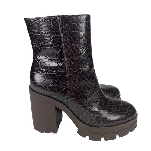 Schutz Boots Gwendoline Crocodile Embossed Leather Brown Heel Boots Size 7.5B - Photo 2/10