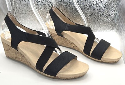 Life Stride Flex Women's Black Elastic Open Toe Wedge Sandals. Size 10M