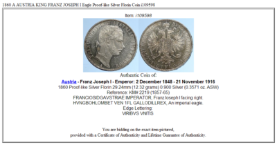 1860 A AUSTRIA KING FRANZ JOSEPH I Eagle Proof-like Silver Florin