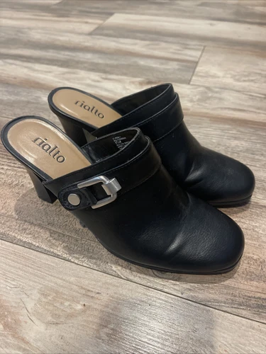 Rialto Comfort Black Slip On Mules Shoes Buckle Women’s  Size 7.5 Block Heel
