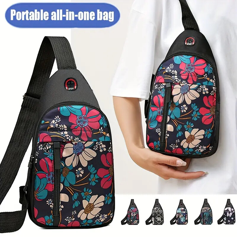 Floral Butterfly Print Sling Backpack, Fashion Nylon Crossbody Bag