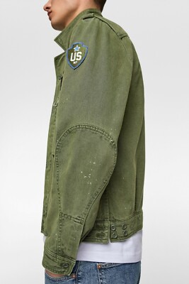 New Zara Splatter Military Patch Jacket M denim jeans coat