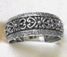 Heart  Flower Artisan Band Ring / size 10 / 925 Sterling Silver / 7mm, 4.4 g