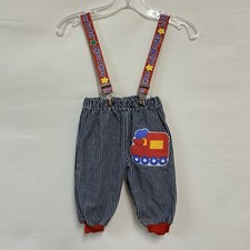 Vintage Hopscotch 6 Months Blue Railroad Stripe Denim Suspender Pants Train