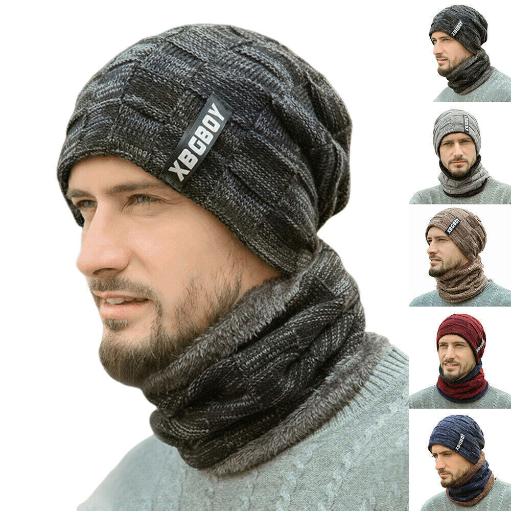 Men's Winter Knitted Beanie Slouch Hats Thermal Neck Scarf Set