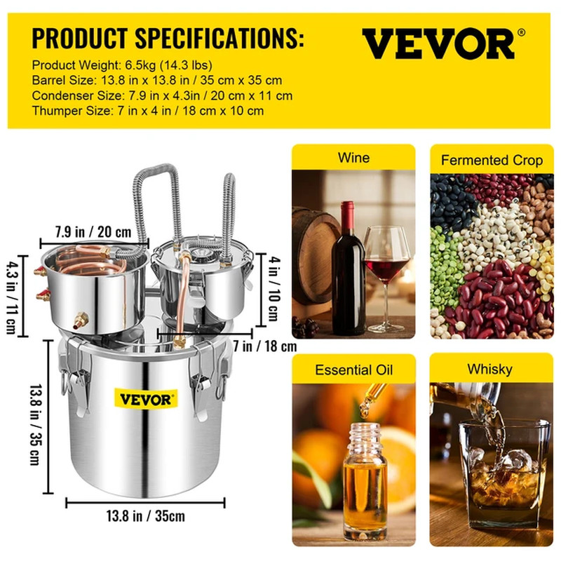 VEVOR Distiller Alcohol Alambique Brewing Still 12/20/30/50L SUS Water Alcohol D