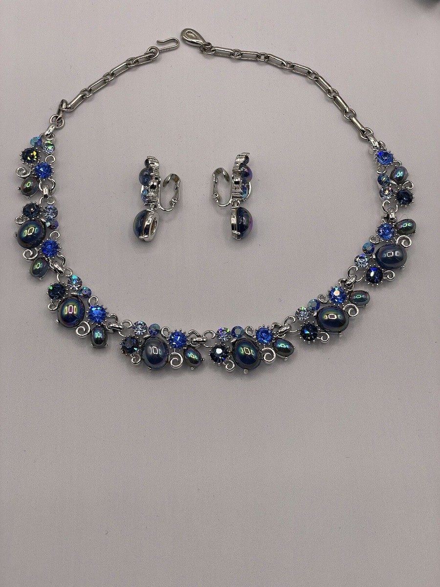 Vintage LISNER Necklace Earrings Set AB Rhinestone Oil Slick Glass 