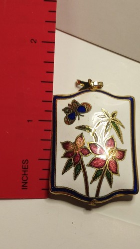 Vintage Puffy Cloisonne Enamel Pendant Rectangle Butterfly Flower L82 - Picture 16 of 18