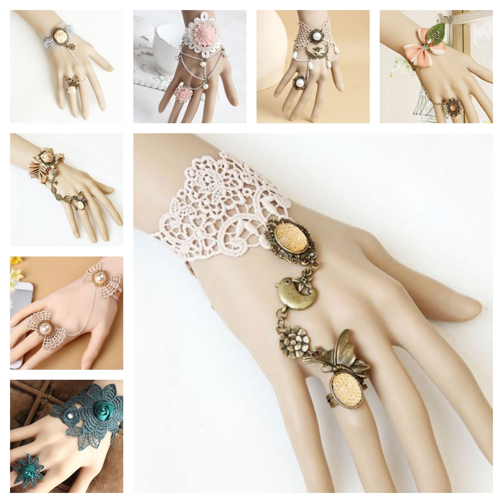 Adjustable Victorian Goth Punk Lace Bracelet Ring Handmade Jewelry-image