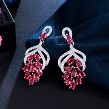 Silver Plated Cubic Zircon Red Crystal Drop Dangle Flower Earrings Women Jewelry