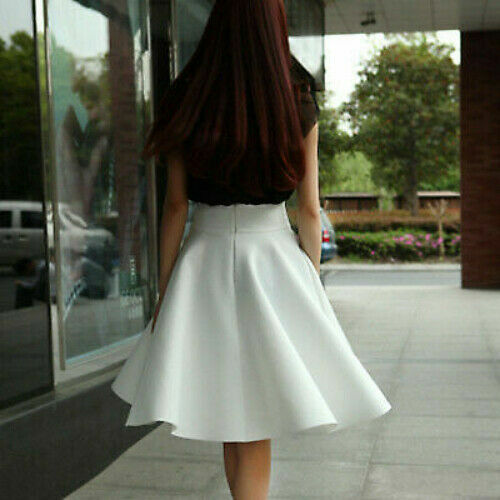 Skirt High Waisted Skirts Womens White Knee Length Bottoms Pleated Skirt - Picture 19 of 30