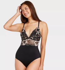 Women's V-Neck Bodysuit Black Floral Lace Mesh - Auden Size XS
