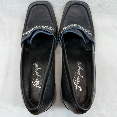Free People Hayden Black Leather Heeled Loafers Chain Accent Size 41 US 10 - Picture 7 of 15