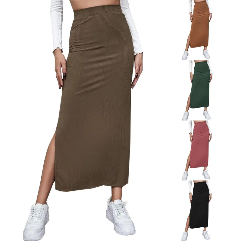 【PORTERNA】Hemp slit long skirt 2024 New Autumn Women's Skirt Solid Color High Elastic Hip