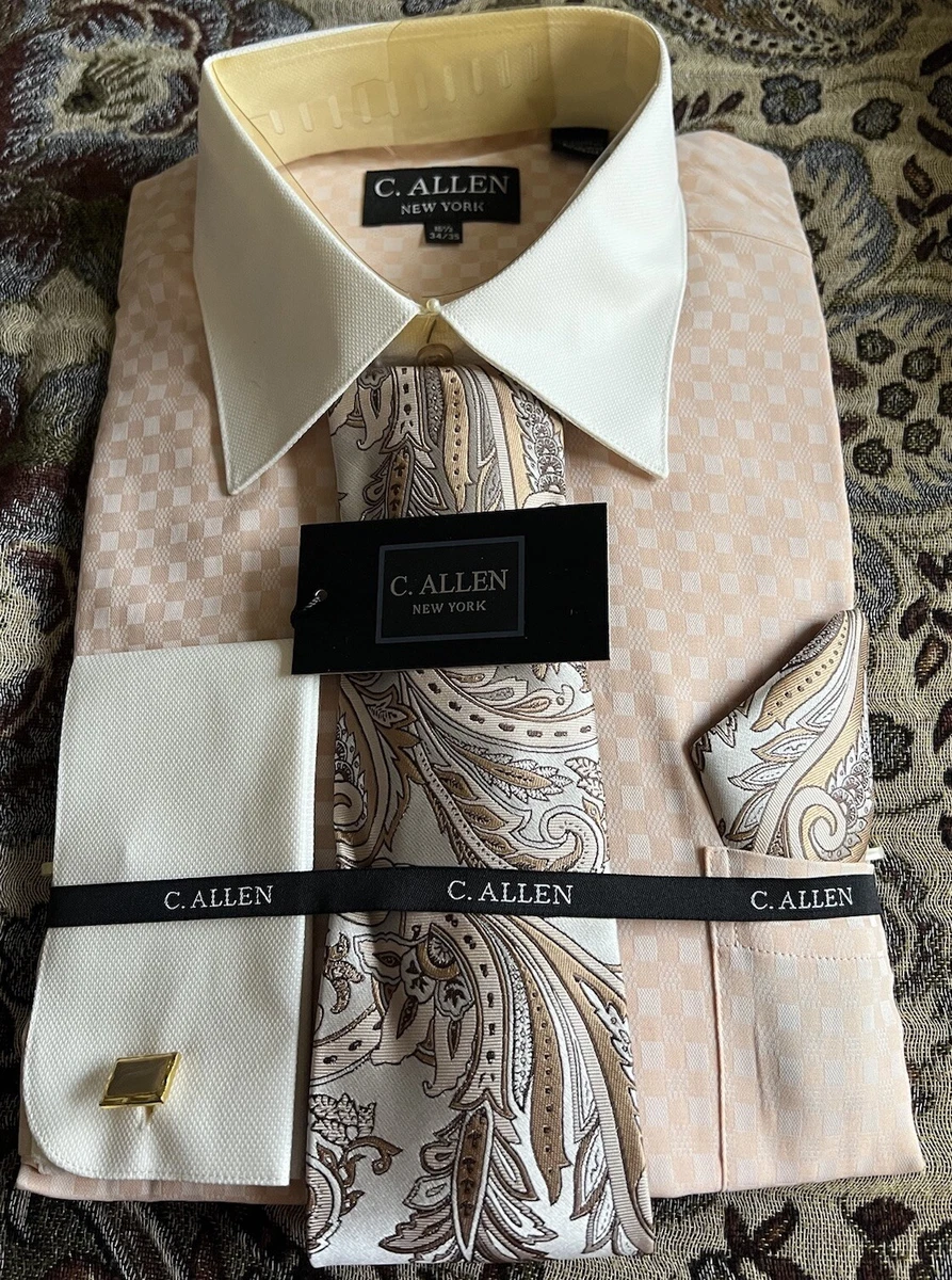c allen dress shirts C. Allen NY Blk/White Men French Cuff Dress Shirt w/Ties-Handerchief -16.5-36/37