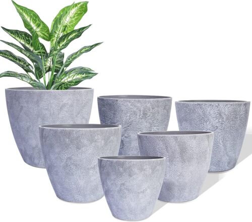 Plant Pots, 6pcs Planters Flower Pots with Drainage Hole, Modern Gray
