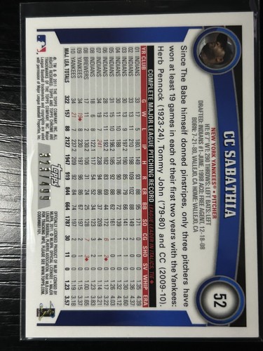 2011 Topps Chrome C.C. Sabathia #52 Purple Refractor /499 Yankees - Picture 2 of 2