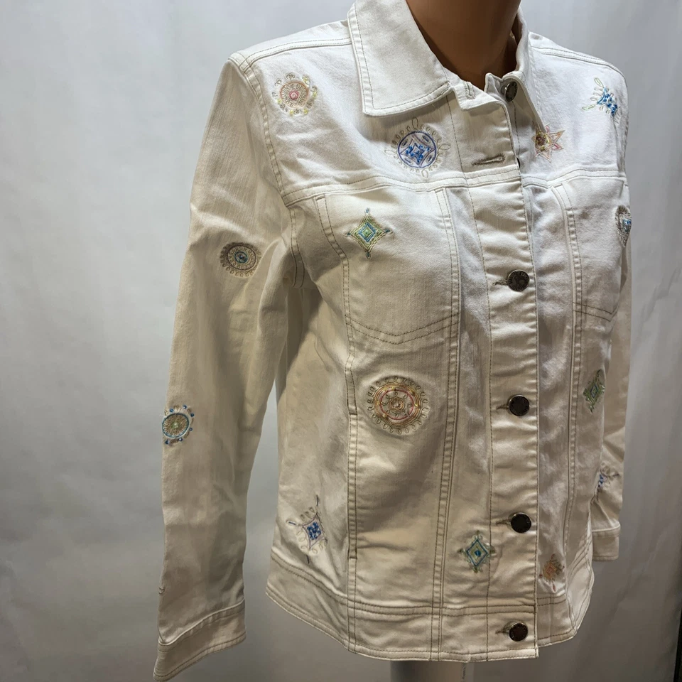 Vintage Blassport womens medium white button denim jacket embroidered beads - Image 3 of 4
