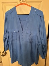 Torrid Blue Button-Front Roll Tab Sleeve V-Neck Tunic Top Plus Size 3