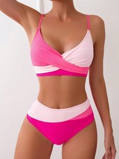 New Stunning Pink block colour High Waisted Bikini set Flattering - Size 6-16 UK