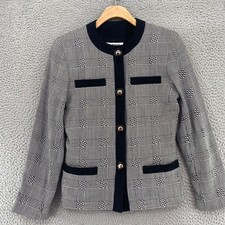 Kasper Jacket Women 4 Gray Glen Check Linen Blend Button Up Blazer French Pocket