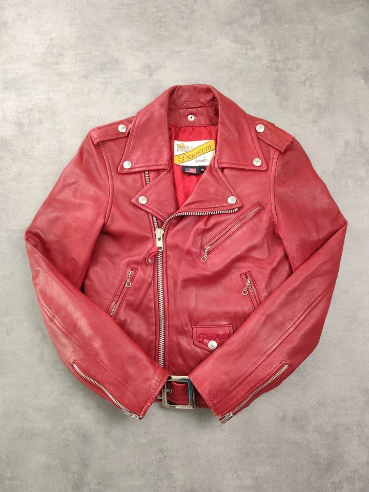 Chaqueta perfecta de cuero de cordero Schott NYC auténtica chaqueta de cuero rojo de motocicleta - Imagen 1 de 4