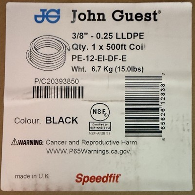 John Guest 3/8 x .25  500  LLDPE Black Tubing Flexible PE-12-EI-DF-E