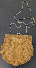 Vtg Shell Clam Shaped Seed Beaded Gold Tone Purse Clutch