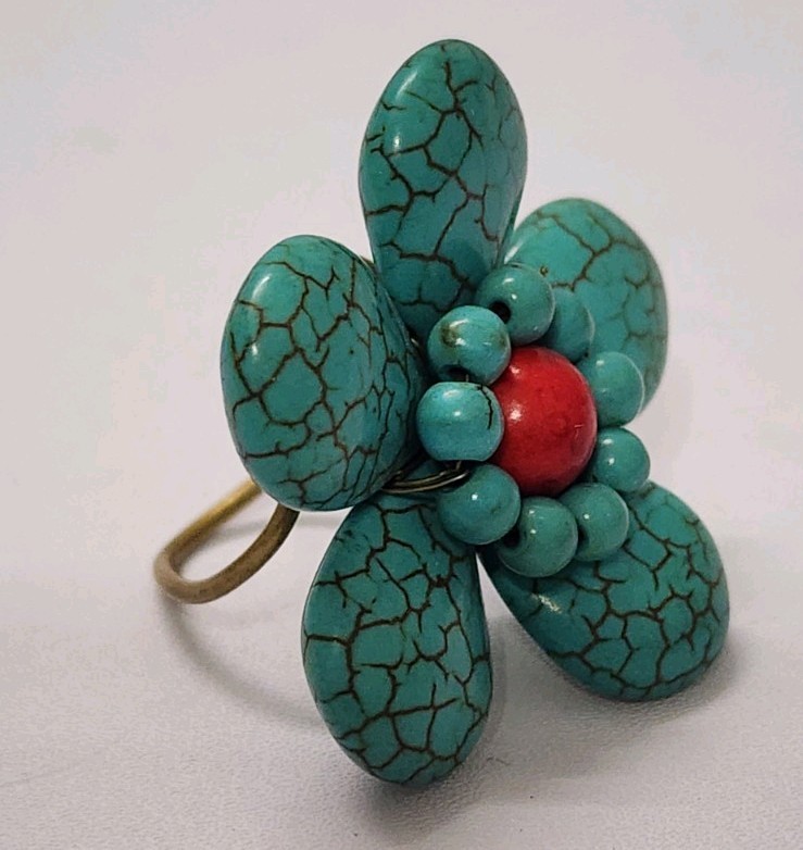 Turquoise Style Flower Statement Ring Red Center … - image 3