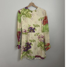 Tory Burch Floral Satin Backed Shift Dress Ivory Long Sleeve Size 2