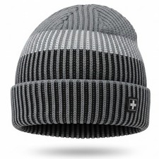 Swiss Tech Mens Winter Beanie Hat 3M Thinsulate Grey Black Ribbed Knit NWT