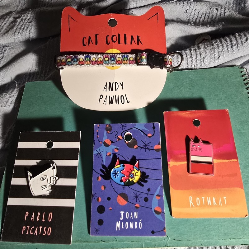 Unique Lot Of Cat Items, Cat Collar & 3 Enamel Pins Based On Famous Artists, New