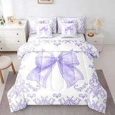 Girls Pretty Ribbon Purple Bow 7 Piece Bedding Set Queen Size Purple Damask C...