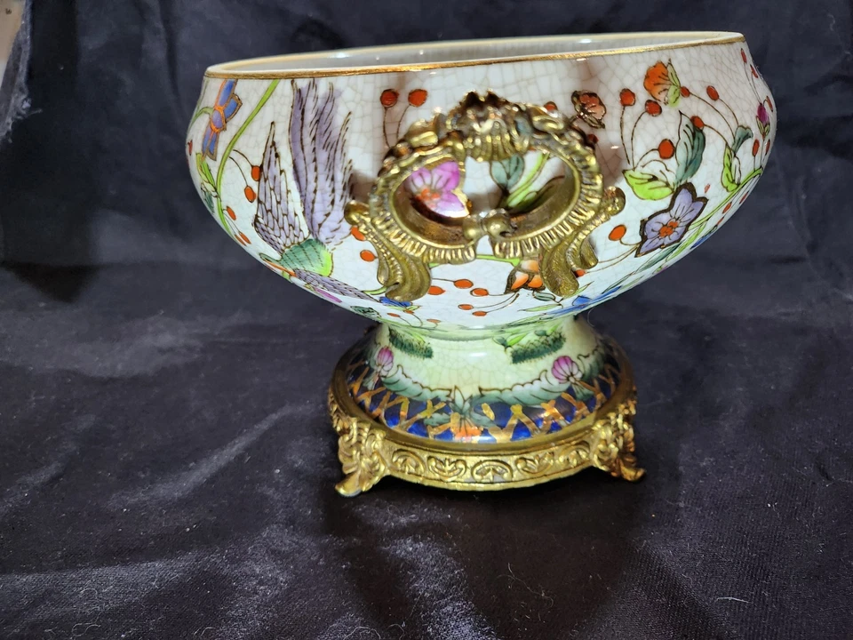 40% OFF!  Asian Pedistal Porcelain Bowl Base Decorated Birds and Flowers - Image 2 of 4