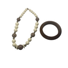 Brown Resin Bead Necklace Wood Bangle Bracelet Set Womens Boho Chunky Jewelry