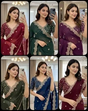 New Beautiful Star Georgette Saree With Blouse For Women Functional Wear